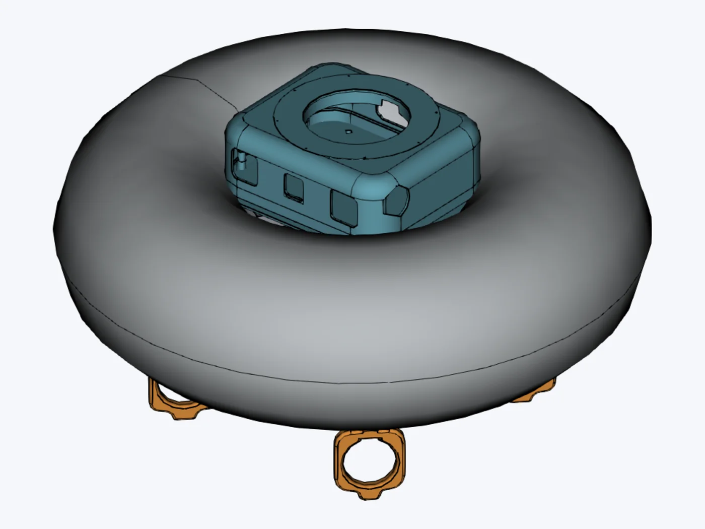 CAD render of FLOAT-E: the round float with the electronics box on top